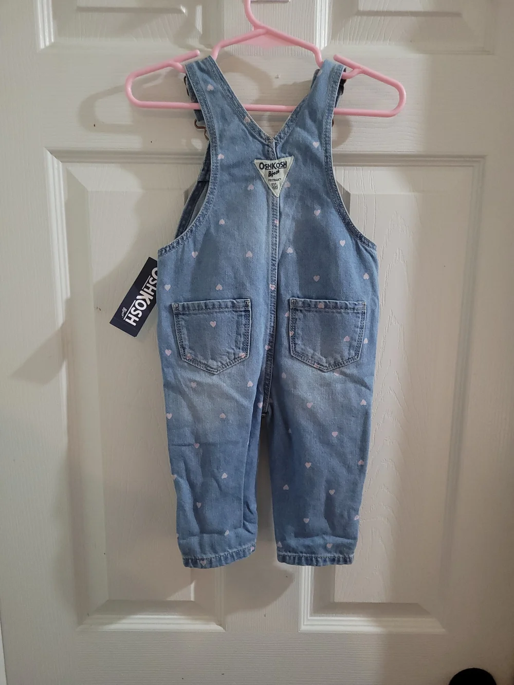 NWT OshKosh B'gosh Light Blue Denim Overalls with Pink Heart Print SIZE 9